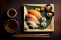 Sushi Nigiri on Dark Background, Japanese Seafood, Salmon Susi Abstract Generative AI Illustration