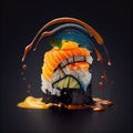 Sushi Nigiri on Dark Background, Japanese Seafood, Salmon Susi Abstract Generative AI Illustration