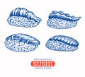 Sushi nigiri hand drawn vector illustrations. Japanese cuisine elements retro style. Asian food background
