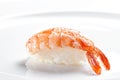 Sushi nigiri with tiger shrimp on a white background