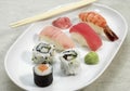 SUSHI NIGIRIZUSHI AND MAKIZUSHI, JAPANESE FOOD Royalty Free Stock Photo