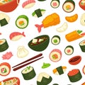 Sushi and noodles, Japanese cuisine seamless pattern, ginger and wasabi Royalty Free Stock Photo