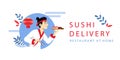 Sushi Order Online And Delivery Concept. Website Landing Page. Chef Has Cooked Rolls And Nigiri. Man Cooking Tasty Meal Royalty Free Stock Photo