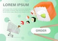 Sushi order. Online order various asian food. Vector web poster, restaurant menu online, sushi and seafood illustration. sushi fly Royalty Free Stock Photo