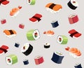 Sushi pattern with maki rolls, tuna, salmon and shrimp nigiri. Japanese food