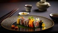 Sushi Perfection: A Masterpiece of Fresh Seafood and Delicious Sauces at a Sushi Restaurant - ai generated