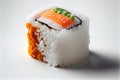 a sushi with a piece of carrot on top of it on a white surface with a shadow of the sushi