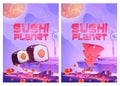 Sushi planet cartoon posters with rice rolls. Royalty Free Stock Photo