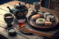 Sushi Plate With Chopsticks And Cup Of Tee On Wooden Table - Gnerative AI Royalty Free Stock Photo