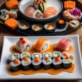 A sushi platter arranged in an artistic pattern1