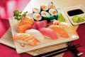 Sushi platter on bamboo mat Royalty Free Stock Photo