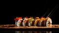 A sushi platter with a black background