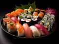 sushi platter on black plate with colorful salmon and avocado on side