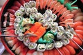 Delicious fresh sushi platter in a circle