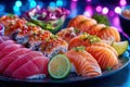 Sushi Platter with Colorful Lights Royalty Free Stock Photo