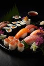 Sushi platter, featuring a variety of fresh fish, sushi rolls, and elegant garnishes, presented on a sleek, modern plate.