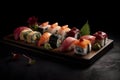 Sushi platter, featuring a variety of fresh fish, sushi rolls, and elegant garnishes, presented on a sleek, modern plate.