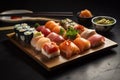 Sushi platter, featuring a variety of fresh fish, sushi rolls, and elegant garnishes, presented on a sleek, modern plate.