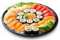 Sushi platter featuring a variety of fresh rolls, sashimi, and vegetables arranged elegantly for a delightful culinary Royalty Free Stock Photo