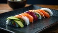A sushi platter with a mix of classic and modern rolls