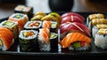 A sushi platter with a mix of classic and modern rolls