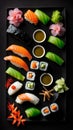 Sushi platter with soy sauce, ginger and wasabi on a black background