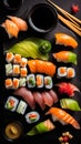 Sushi platter with soy sauce, ginger and wasabi on a black background