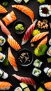 Sushi platter with soy sauce, ginger and wasabi on a black background