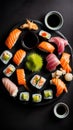 Sushi platter with soy sauce, ginger and wasabi on a black background