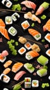 Sushi platter with soy sauce, ginger and wasabi on a black background