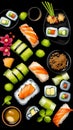 Sushi platter with soy sauce, ginger and wasabi on a black background