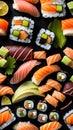 Sushi platter with soy sauce, ginger and wasabi on a black background