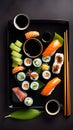 Sushi platter with soy sauce, ginger and wasabi on a black background