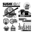 Sushi point bar menu monochrome set of emblems Royalty Free Stock Photo