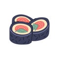 Sushi portion vector flat doodle illustration. Traditional Japan roll food with rice, salmon avocado