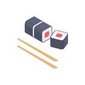 Sushi portion with wooden sticks isometric vector illustration. Asian delicious rolled food menu