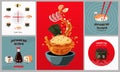 Sushi poster. Cartoon banners with Japanese cuisine dishes. Rice with seafood, vegetables and sauces. Ramen soup or