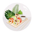 Sushi poster with uramaki and tropical plants.