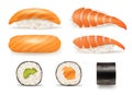 Sushi realistic. Different japanese food from fish sushi seaweed rolls delicious products from asian cousine decent Royalty Free Stock Photo