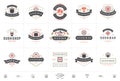 Sushi restaurant logos and badges set japanese food with sushi salmon rolls silhouettes vector illustration