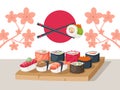 Sushi restaurant serving, vector illustration. Asian food menu cover, sushi delivery advertisement booklet, Japanese