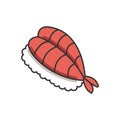 Sushi RGB color icon. Fresh seafood. Sashimi meal. Fish on rice. Traditional japanese cuisine. Asian delicacy. Prawn