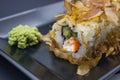 Sushi Roll with Bonito Flakes and Wasabi Detail Royalty Free Stock Photo