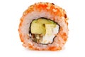 Sushi roll California with crab meat, avocado, cucumber inside and masago smelt roe outside isolated on white background. Royalty Free Stock Photo