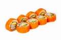 Sushi roll California roll on a white background, ingredients Shrimp, cucumber, avocado, flying fish roe, rice, nori Royalty Free Stock Photo