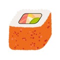 Sushi roll with capelin roe, japanese food. Sushi roll cartoon style icon. Sushi on white background.