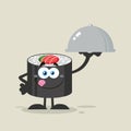 Sushi Roll Cartoon Mascot Character Licking His Lips And Holding A Cloche Platter Royalty Free Stock Photo