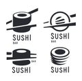 Sushi and roll with chopsticks on white background, black vector logo template. Monochrome japanese cuisine icons set. Royalty Free Stock Photo