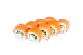 Sushi Roll with cucumber, Philadelphia cream cheese and salmon on top served on white background Royalty Free Stock Photo