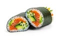 Sushi roll cut in half, featuring a seaweed (nori) outer layer. Inside, Royalty Free Stock Photo